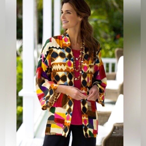 Soft Surroundings Margot Multi Geometric Open Front Kimono Sleeve Cardigan S/M - Picture 1 of 8